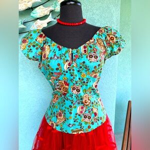 Hell Bunny Teal Skull Print Blouse